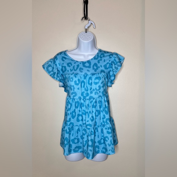 Blue Leopard Print Ruffle Sleeves Baby Doll Top Sz S - Picture 2 of 3